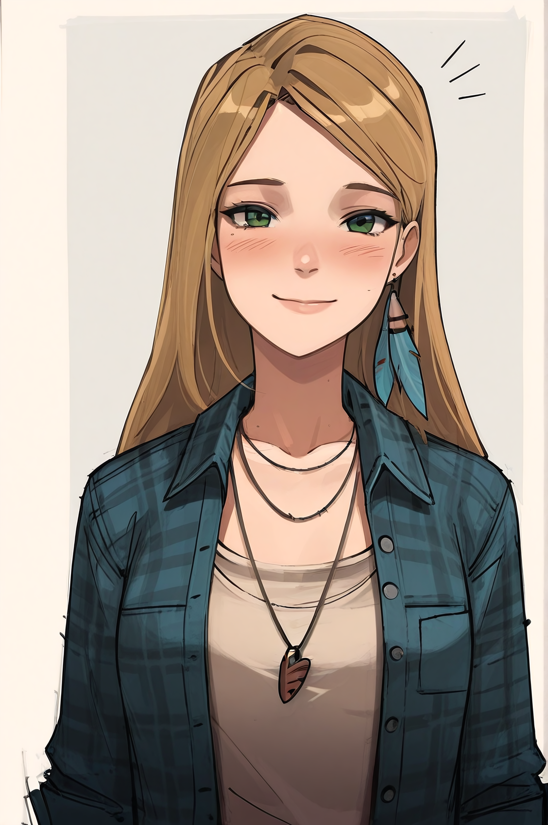 masterpiece, best quality, absurdres,
1girl, smile, looking at viewer, blush, upper body, plaid shirt,
 <lora:Rachel_Amber_Life_is_Strange:0.8> rachelalis, blonde hair, feather earring, green eyes, necklace,
 <lora:alex_vede:1> a13xstyle, sketch,