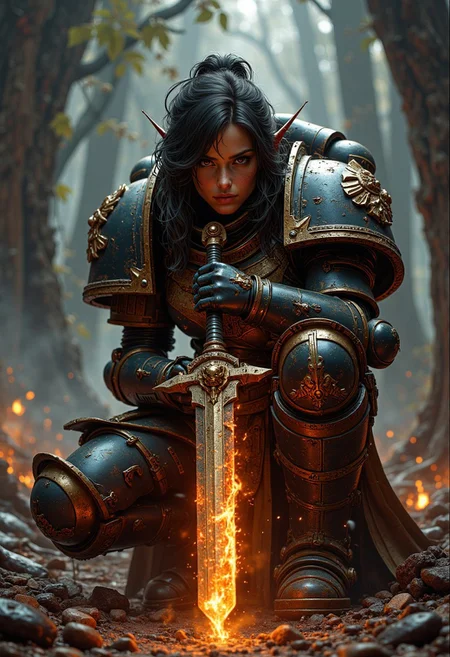 A fierce female UltraM40k warrior crouched low, gripping a long, ornate sword with both hands, illuminated by a fiery orange aura that highlights intricate golden designs on the blade and hilt; rugged expression, dark tousled hair flowing freely, clad in power armor with a dark cloak draping over her back; misty twilight forest background with dark looming trees, smoky ethereal air, glowing embers and sparks around; earthy browns, oranges, and golds dominate the scene, contrasting with cooler dark greens and grays of the forest, creating a mystical, intense atmosphere