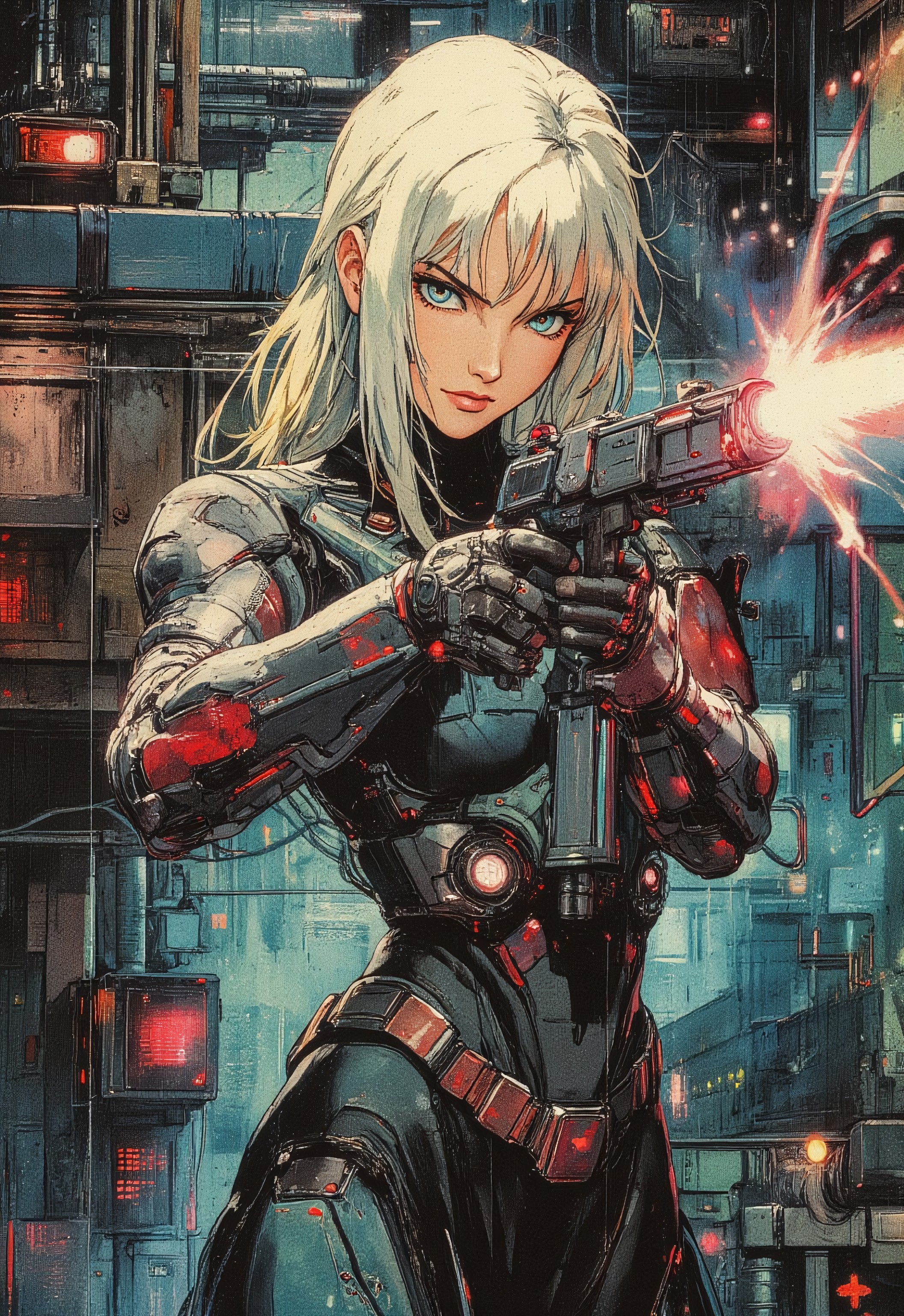 A fierce cyberpunk female warrior with long blonde hair, sharp teal eyes, and a determined expression. She is wearing a high-tech black and red armored suit with glowing red accents and cybernetic enhancements on her arms and headset. The warrior is aiming a futuristic energy weapon. The background features a dark, industrial sci-fi environment filled with metallic pipes, neon lights, and mechanical details, creating a gritty, dystopian atmosphere. The art style is detailed, dynamic, and highly stylized with a strong anime influence, focusing on intense colors and dramatic lighting