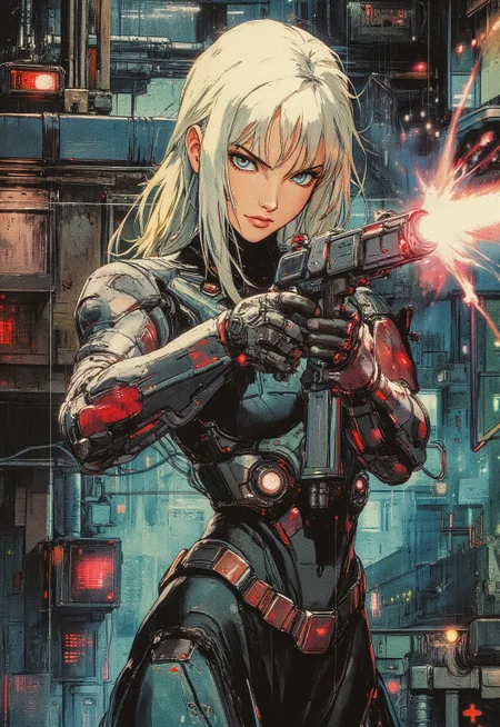 A fierce cyberpunk female warrior with long blonde hair, sharp teal eyes, and a determined expression. She is wearing a high-tech black and red armored suit with glowing red accents and cybernetic enhancements on her arms and headset. The warrior is aiming a futuristic energy weapon. The background features a dark, industrial sci-fi environment filled with metallic pipes, neon lights, and mechanical details, creating a gritty, dystopian atmosphere. The art style is detailed, dynamic, and highly stylized with a strong anime influence, focusing on intense colors and dramatic lighting