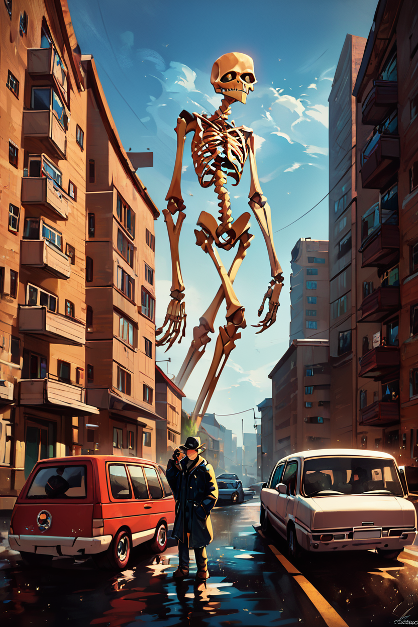 score_9, score_8_up, score_8,  ,,,  zzGiantSkeleton, 1boy, holding, standing, male focus, outdoors, sky, coat, ground vehicle, building, motor vehicle, car  ,,, <lora:Giant_Skeleton_PDXL_v1:0.8>,  ,,, embedding:zPDXL,  <lora:CatalystStylePDXL:0.6>,  <lora:SDXLFaeTastic2400:0.5>,