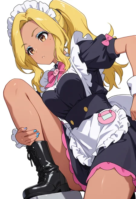 Smooth Quality,masterpiece,very intricate, high quality details, ultra realistic, high detailed skin,detailed enviorement,absurdres,
 <lora:Gotou_Shino_Shiipon_CNR:0.8> gotou_cnr, blonde hair,long hair, ponytail, brown eyes, dark-skinned female, mole, nail polish, eyeshadow,gotou_maid_cnr,maid, maid headdress, maid apron,black dress, short dress,puffy short sleeves, boots, frills,pink bowtie,, simple background, white background, from below,solo,
one knee raised to chest, arms wrapped around leg, opposite foot pointed  ,, :<,
