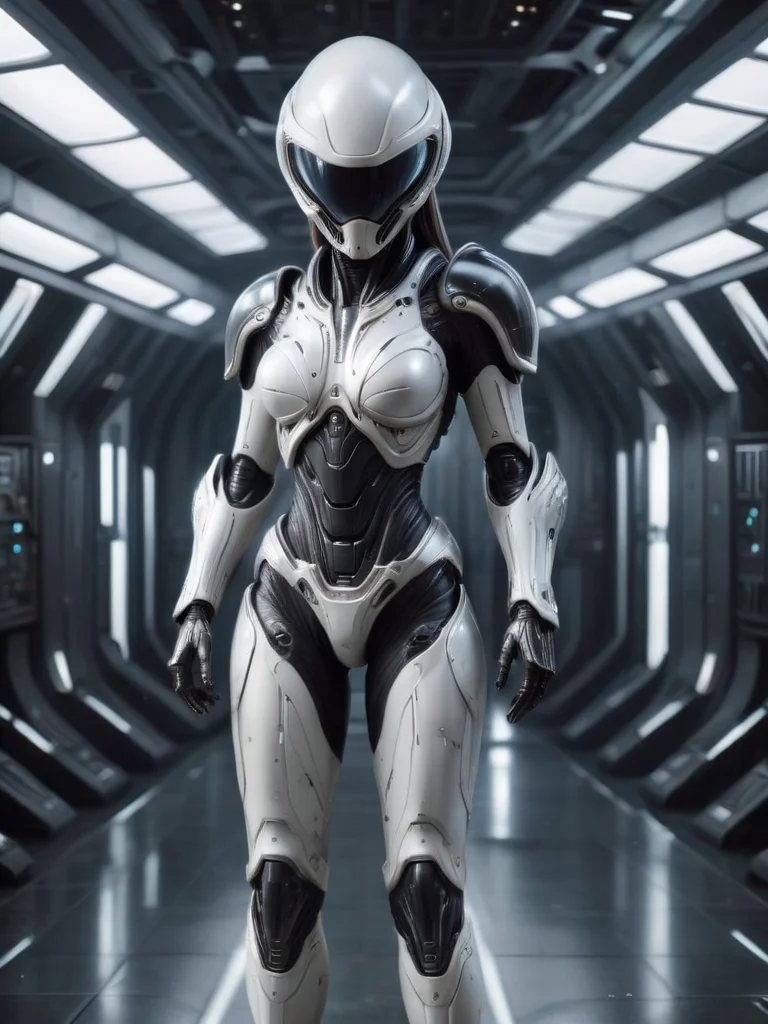 full body shot, masterpiece, best quality, (photorealistic:1.4), a photo of a woman, wearing black alienzkin war armour, (white alienzkin helmet:1.2), futuristic weapon room, war worn equipment <lora:alienzkin:0.6>