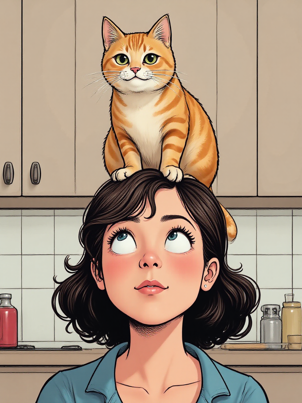 illustration, graphic novels, cat sitting on a woman's head. the woman's eyes are angled upwards at the smirking cat. simple kitchen background