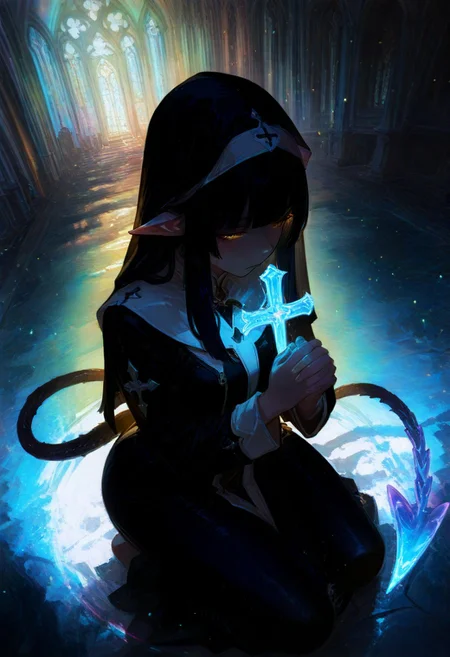 masterpiece, best quality, amazing quality, very aesthetic, absurdres, newest, volumetric lighting, holographic colors, cute, gradient colors, rainbow background, masterpiece, best quality, amazing quality, very aesthetic, absurdres, newest, volumetric lighting,1girl,
BREAK
ambient occlusion, raytracing, soft lighting, blum effect, masterpiece, absolutely eye-catching, particles, glow, shining, intricate cinematic background, (beautiful face),
BREAK
masterpiece, highly detailed,1girl,beautiful eyes, yellow eyes, big eyes, detailed eyes, detailed pupils, perfect body, glowing eyes, black hair, hime cut, long hair,
Dark Priest, prehensile tail, spade-tipped tail, pointy ears, half closed eyes, nun, head veil, praying, church background, kneeing, head up, praying, holding a small cross, glowing cross, view from above,