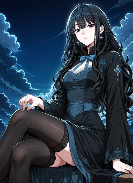 <lora:Kathyln_Glayder__The_Beginning_After_the_End__Illustrious-000009:1>
1 girl, solo, black eyes, brwon eyes, very long hair, black hair, bangs, wavy hair, ahoge, hair between eyes,
black dress, long dress, blue bowtie, black thighhighs, long sleeves, frills, earrings, jewelry, star earrings,
(Anime_source),Masterpiece,(perfect female body:1.2), small waist,(incredibly detailed:1.4), slim, beautiful fingers, parted lips, looking at viewer, sitting , crossed legs, cloud, looking at viewer, night, <lora:iLLMythG0thicL1nes:1>
