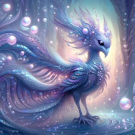 Pearlum, fantastical creature, elaborate plumage, intricate patterns, ethereal appearance, glowing orbs, shimmering details, magical essence, soft blues, purples, pinks, dreamlike atmosphere, surreal, fantasy art, digital illustration, high detail, vibrant colors, mystical, otherworldly, whimsical, imaginative, artistic, fantasy creature, glowing feathers, ethereal glow, fantasy setting, mystical creature, fantasy design, digital art, fantasy illustration. <lora:Pearlum_World_Morph:1>