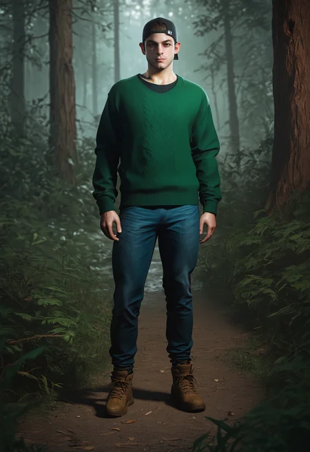 score_9, score_8_up, score_7_up, 3d <lora:jacob_custos_pony_epoch_7:1> 1boy, male jacob_custos, full body, green sweater, black shirt, jeans, and backward baseball cap, forest, looking at viewer, confident expression