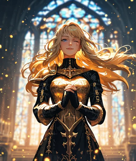 score_7_up, score_8_up, score_9,  surreal, ultra-detailed, 1 lady paladin (with blonde hair and intricate (black|golden) ornate armor) pray with hands clasped together before body, abandoned church in background, one eye closed, dark fantasy, gothic, floating hair, light particles, golden embers, light beam, volumetric lighting, rim light, tight medium shot, depth of field