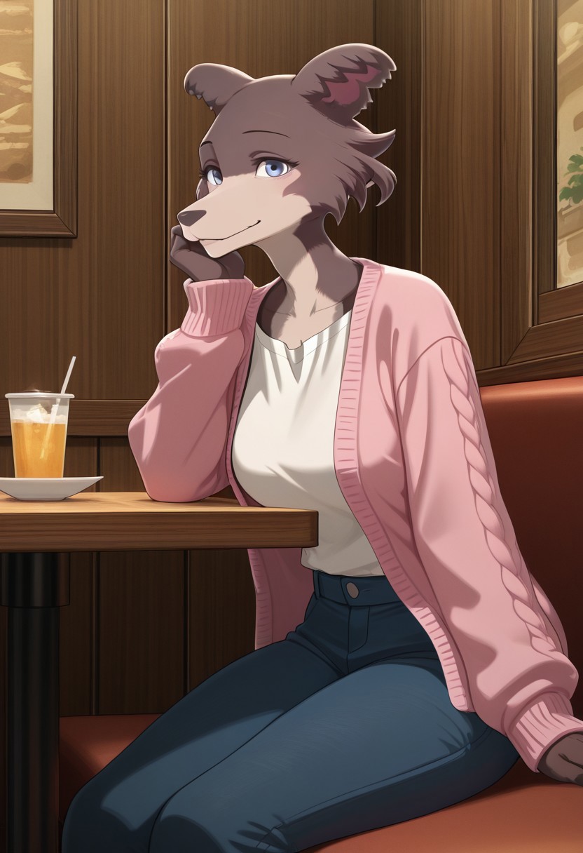 masterpiece, best quality, amazing quality, very aesthetic, absurdres, newest,  high quality, detailed, solo female, Juno, 1girl, mature female, female, anthro, wolf, animal ears, blue eyes, brown fur, pink cardigan sweater, white blouse, blue pants, indoors, restaurant, sitting at booth, table, looking at viewer, smiling
