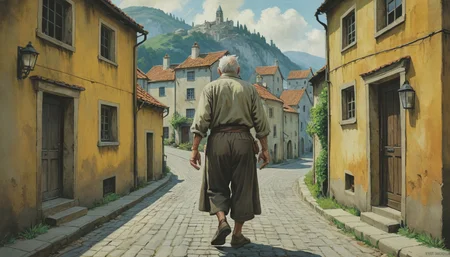 (((With newfound purpose, you set forth on your quest to rescue the missing girl. The old man leads you through the winding streets of the village, pointing out various landmarks and shortcuts along the way. As you walk, you can't shake the feeling that you are being watched, as though unseen eyes follow your every move. The air grows heavier with each passing minute, the weight of the unknown bearing down upon you like a physical force.)))