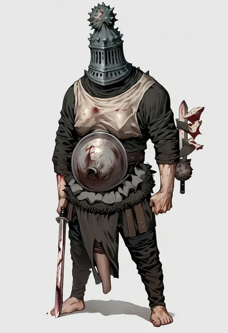 score_9, score_8_up, score_7_up, score_6_up, score_5, score_4_up, Fhunger, helmet, white background, sword, no humans, standing, breastplate, full body, 1boy, male focus, dual wielding, loincloth, blood, solo, spiked mace, simple backgroundhelmet, white background, sword, no humans, standing, breastplate, full body, 1boy, male focus, dual wielding, loincloth, blood, solo, spiked mace, simple background