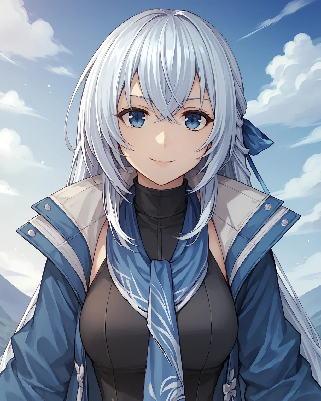 score_9, score_8_up, score_7_up, score_6_up, score_5_up, score_4_up, BREAK,
source_anime,
<lora:TrailsThroughDaybreak-Playable:0.9>, shizunakuro2, white hair, long hair, hair ornament, blue eyes, medium breasts, blue jacket, blue scarf, black top, white pants, torn pants, black boots,
looking at viewer, smile, upper body, portrait,
1girl, outdoors, sky, clouds, distant mountains