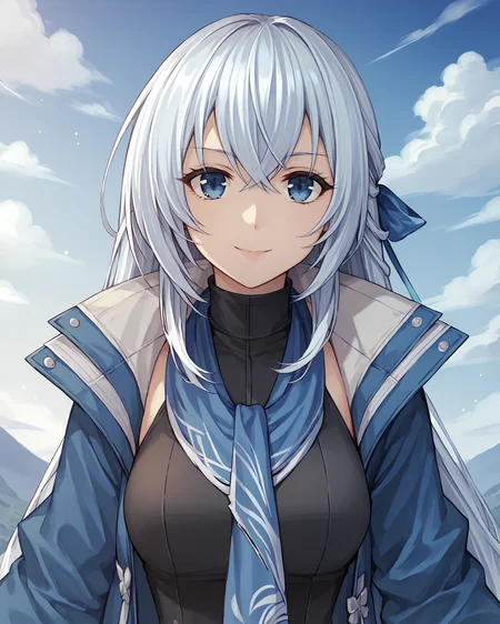score_9, score_8_up, score_7_up, score_6_up, score_5_up, score_4_up, BREAK,
source_anime,
<lora:TrailsThroughDaybreak-Playable:0.9>, shizunakuro2, white hair, long hair, hair ornament, blue eyes, medium breasts, blue jacket, blue scarf, black top, white pants, torn pants, black boots,
looking at viewer, smile, upper body, portrait,
1girl, outdoors, sky, clouds, distant mountains