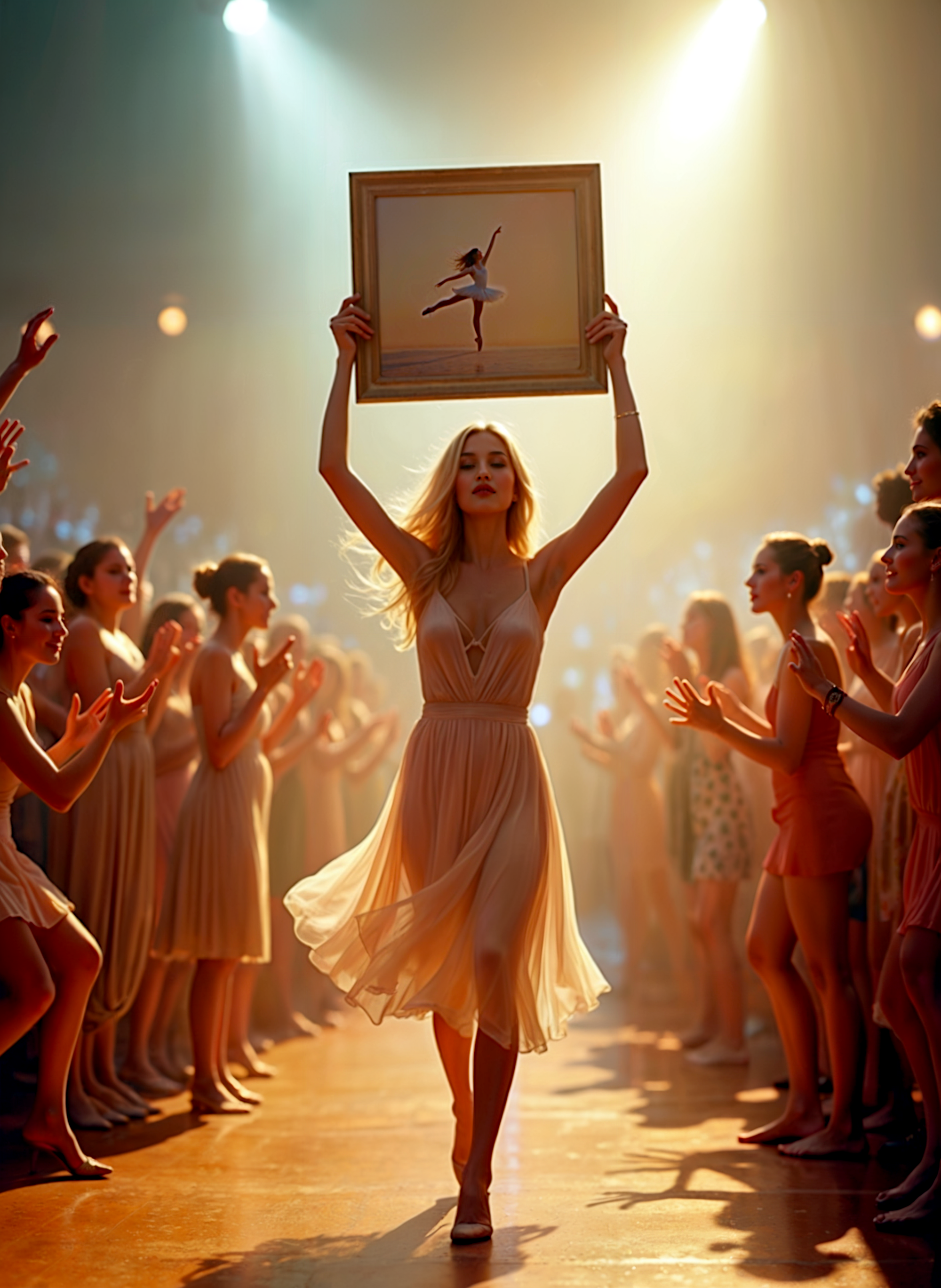 Photograph of a young woman in a white dress holding up a framed picture of a ballerina in the air. She is standing on a stage with a group of dancers on either side of her, all of them clapping and cheering. The background is blurred, but it appears to be a dance studio with bright lights shining down on the stage. The woman has long blonde hair and is looking up at the frame with a confident expression on her face. The overall mood of the image is joyful and celebratory. <lora:add-detail-xl:.5>  <lora:Flux-style-xl-lora:.5>
