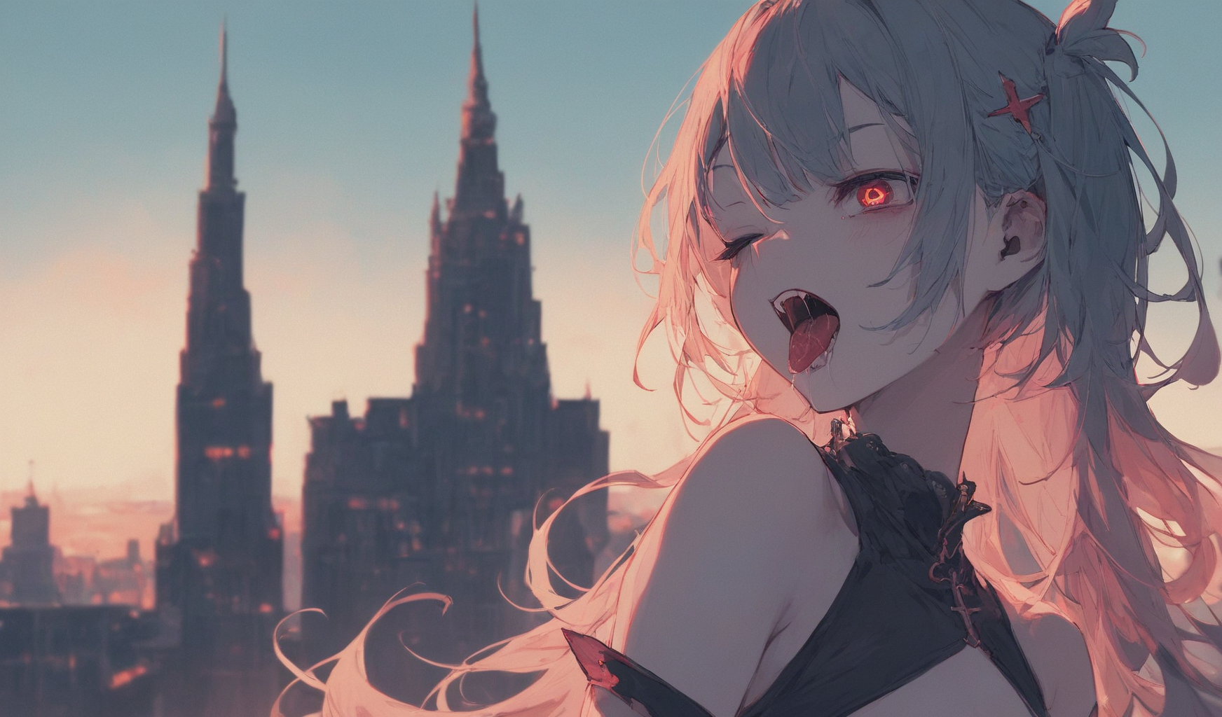 (score_8_up:1.6), (sanji dangan:0.9), <lora:sanji_dangan_style:0.85>
1girl, virtual youtuber, vampire, cross-shaped pupils, tongue out, saliva trail, nail polish, one eye closed, (unworn eyepatch:1.1), middle breasts, fang, from side, looking at side, city, tower, sunset, wide shot, dynamic pose, blurry background,