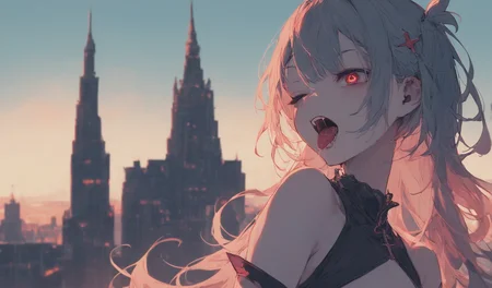 (score_8_up:1.6), (sanji dangan:0.9), <lora:sanji_dangan_style:0.85>
1girl, virtual youtuber, vampire, cross-shaped pupils, tongue out, saliva trail, nail polish, one eye closed, (unworn eyepatch:1.1), middle breasts, fang, from side, looking at side, city, tower, sunset, wide shot, dynamic pose, blurry background,