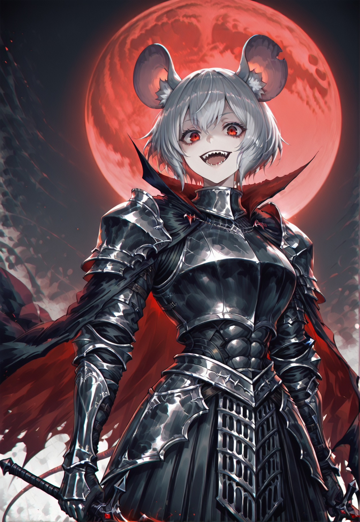 <lora:Amanita:1>, amanita, mouse girl, vampire, knight, abs armor, black armor, red cape, dark sword, plate armor, dark sword,