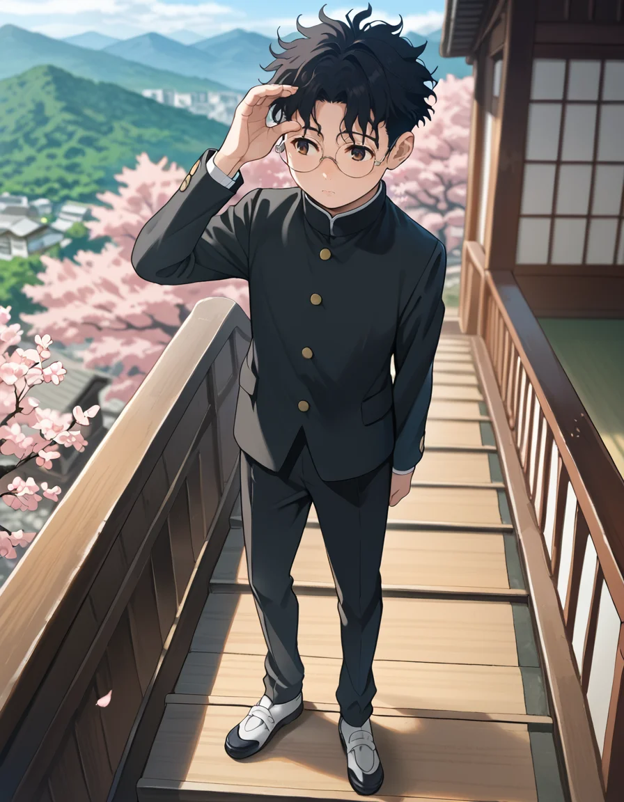 score_9, score_8_up, score_7_up, source_anime, BREAK
1boy, solo, looking away,
ken takakura, short hair, messy hair, black hair, round eyewear, brown eyes,
school uniform, gakuran, long sleeves, black pants, 
full body, shy, adjusting eyewear, blurry background, full body, arms at sides, blue sky, trees, outskirts, scenery, mountain, stairs, (shrine:1.2), cherry blossoms, from side, from above, village, city,
<lora:ken_takakura_anime_v2-soralz:1>