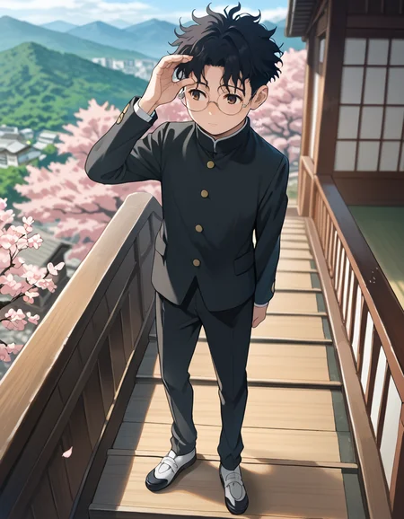 score_9, score_8_up, score_7_up, source_anime, BREAK
1boy, solo, looking away,
ken takakura, short hair, messy hair, black hair, round eyewear, brown eyes,
school uniform, gakuran, long sleeves, black pants,
full body, shy, adjusting eyewear, blurry background, full body, arms at sides, blue sky, trees, outskirts, scenery, mountain, stairs, (shrine:1.2), cherry blossoms, from side, from above, village, city,
<lora:ken_takakura_anime_v2-soralz:1>