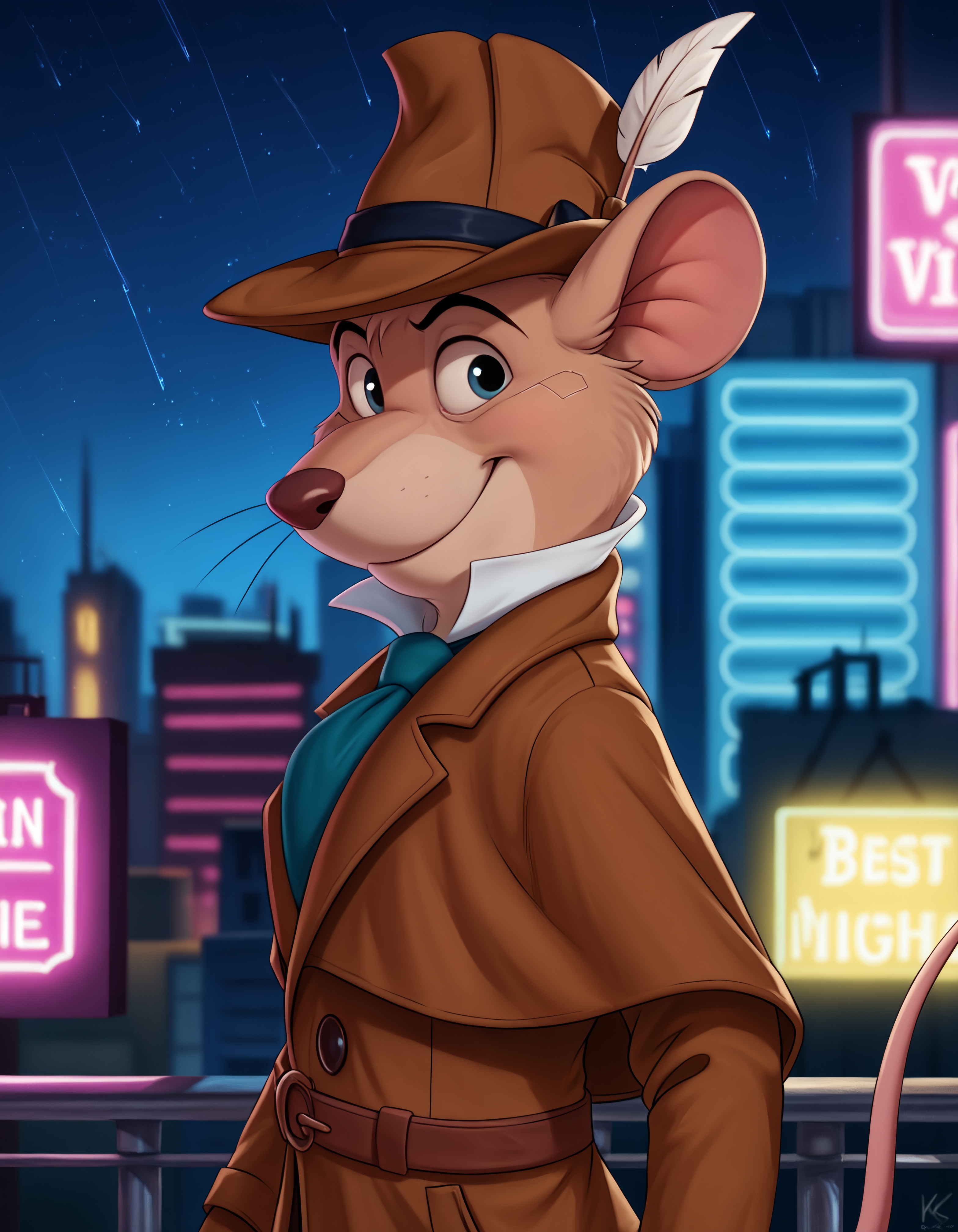score_9, score_8_up, score_7_up BREAK rating_safe, source_furry, detailed, depth of field, detailed background, cinematic lighting, particles, decals, masterpiece, (best quality, high quality, 8K:1.5), <lora:sinfully_stylish_SDXL.safetensors:0.95>,  embedding:zPDXL3, anthro, <lora:add-detail-xl.safetensors:2.5>, <lora:Basil_of_Baker_StreetThe_Great_Mouse_Detective:1.0>, basil_gmd, great_mouse_detective, solo, 1boy, male focus, clothed, hat, dark, night, light shining through feathers, looking at viewer, city, outdoor, digitigrade, biped, barefoot, (cyberpunk, neon lights, night time:1.2), upper body, solo, smile, long_sleeves, tail, necktie, shoes, pants, black_eyes, coat, blue_necktie, mouse_ears, brown_headwear, furry_male, mouse_tail, brown_pants, brown_coat, mouse, trench_coat, detective,  (close up, close-up, standing looking back v sign, nervous:1.15)