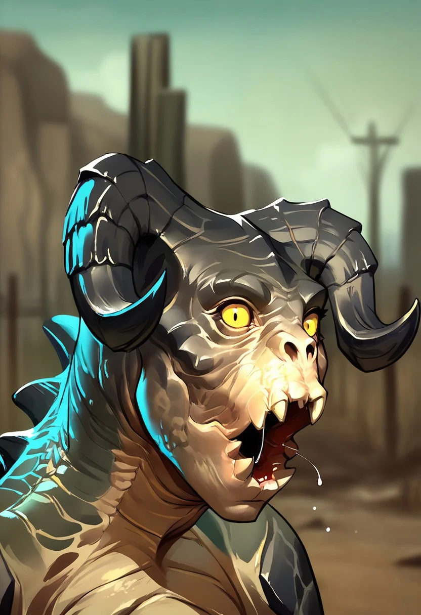 score_9_up,score_8_up,score_7_up,score_6_up,score_5_up,score_4_up, masterpiece, high quality, digital painting,  wasteland, ((blurry background)), close up, portrait, (three quarter view), deathclaw, monster, creature, scales, textured skin, horns, sharp teeth, claws, three toes, tail, spikes, back spikes, yellow eyes, pog, pogface, pog face, open mouth, portrait, looking at viewer,drool