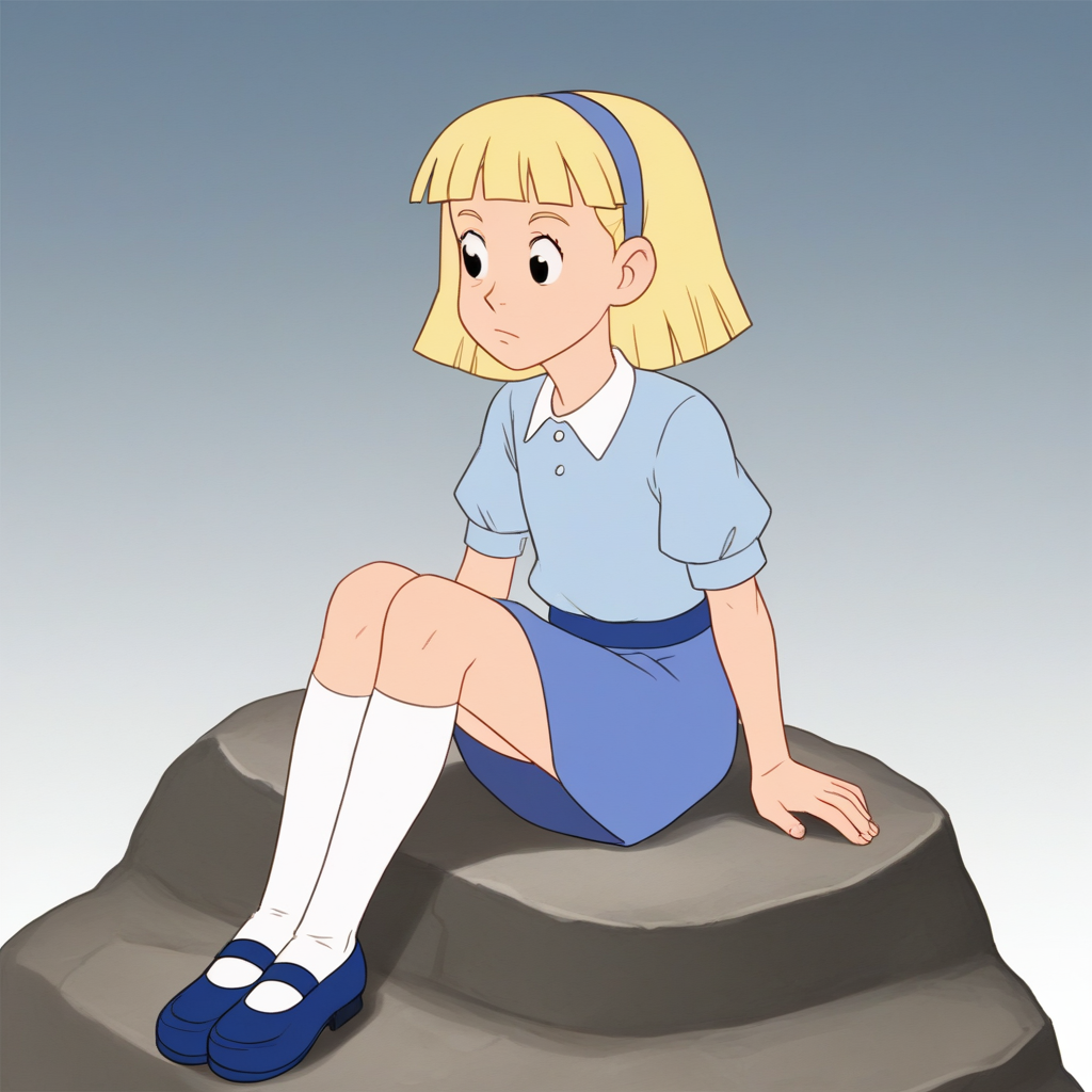 score_7_up, BREAK,   Annika, 1girl, solo, short hair, blonde hair, black eyes,  hairband, shirt,    blue skirt, white socks, blue mary janes,   <lora:AnnikaSettergren_PXL_Leaf1:0.8>, sitting on rock, gradient background,