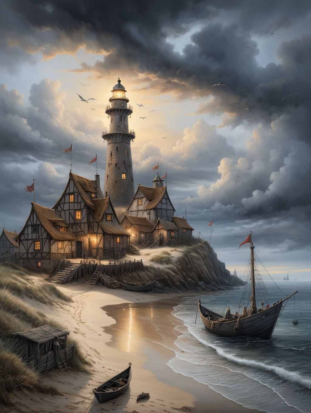 oil painting, A dreamy medieval fishing village on the coast,  34K uhd, masterpiece, high detail, 8k, intricate, detailed, high resolution, high res, high quality, <lora:add-detail-xl:1.8>, highly detailed, Extremely high-resolution details, fine texture,
