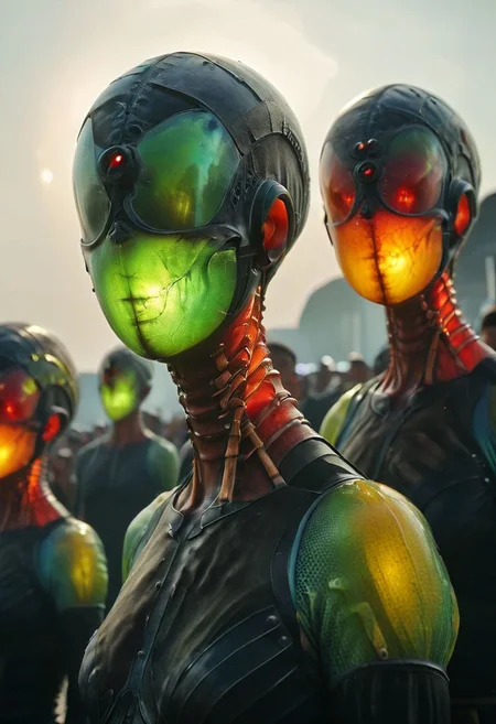 vibrant black-rainbow sss glowing, 
pointed hat, translucent skin, humanity=parasites Standing in a row, and the expressions of the onlookers as they witness this extraordinary performance., amazing quality, masterpiece, best quality, hyper detailed, ultra detailed, UHD, perfect anatomy, portrait, dof, hyper-realism, majestic, awesome, inspiring, atmospheric haze, cinematic composition, soft shadows, national geographic style
