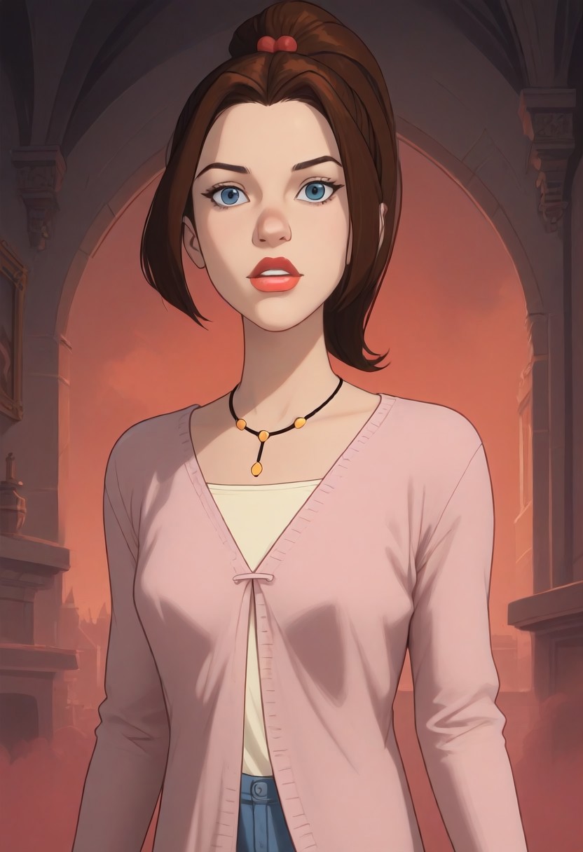 score_9, score_8_up, score_7_up, cartoon of ktprd, 1girl, brown hair, high ponytail, blue eyes, orange lips, pink one-button cardigan, cream t-shirt, cord necklace, cowboy shot, face focus, parted lips, petite, indoors, castle, red fog, haze, floating ashes, evil ambience, front lighting, unique angle, unique framing, looking at viewer, parted lips, ((masterpiece))