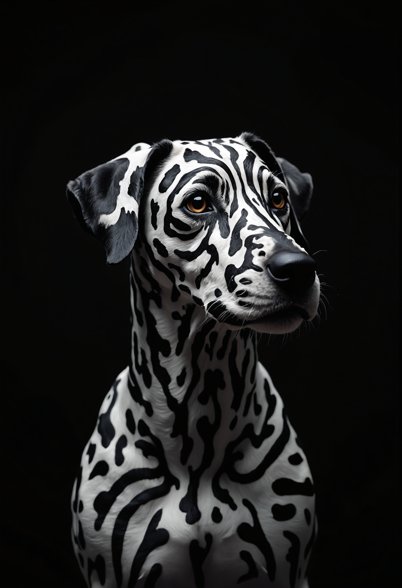 Hyperrealistic close-up portrait of a Dalmatian dog with striking, artificially painted geometric patterns. The dog's face and upper body are covered in bold, precise white stripes and shapes against its natural black fur, creating a mesmerizing optical illusion. The pattern features straight lines, right angles, and symmetrical designs reminiscent of tribal or futuristic art.
The dog's alert, intelligent eyes stand out against the black and white contrast, conveying a sense of curiosity and mild confusion. Its ears are perked up, adding to the attentive expression. The dog's nose is shiny and black, perfectly centered in the composition.
Shot against a pure black background, the lighting is dramatic and high-contrast, emphasizing the stark black and white patterns. The illumination highlights the texture of the dog's short fur and the glossiness of its eyes.
Every detail is captured with precision: individual hairs, the subtle variations in the dog's skin texture, and the crisp edges of the painted patterns. The image is composed as a head and shoulder shot, filling the frame with the dog's uniquely adorned face and upper body.
The overall effect is a striking blend of nature and artificial design, creating an image that is both familiar and surreal, captured with the clarity and depth of a high-end fashion or wildlife photograph.