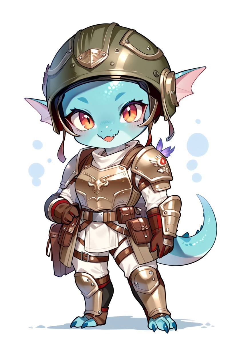 score_9, score_8_up, score_7_up, source_cartoon, cute chibi kobold, chibi body, body armor, combat gloves, combat helmet, looking at viewer,  SomSom Style