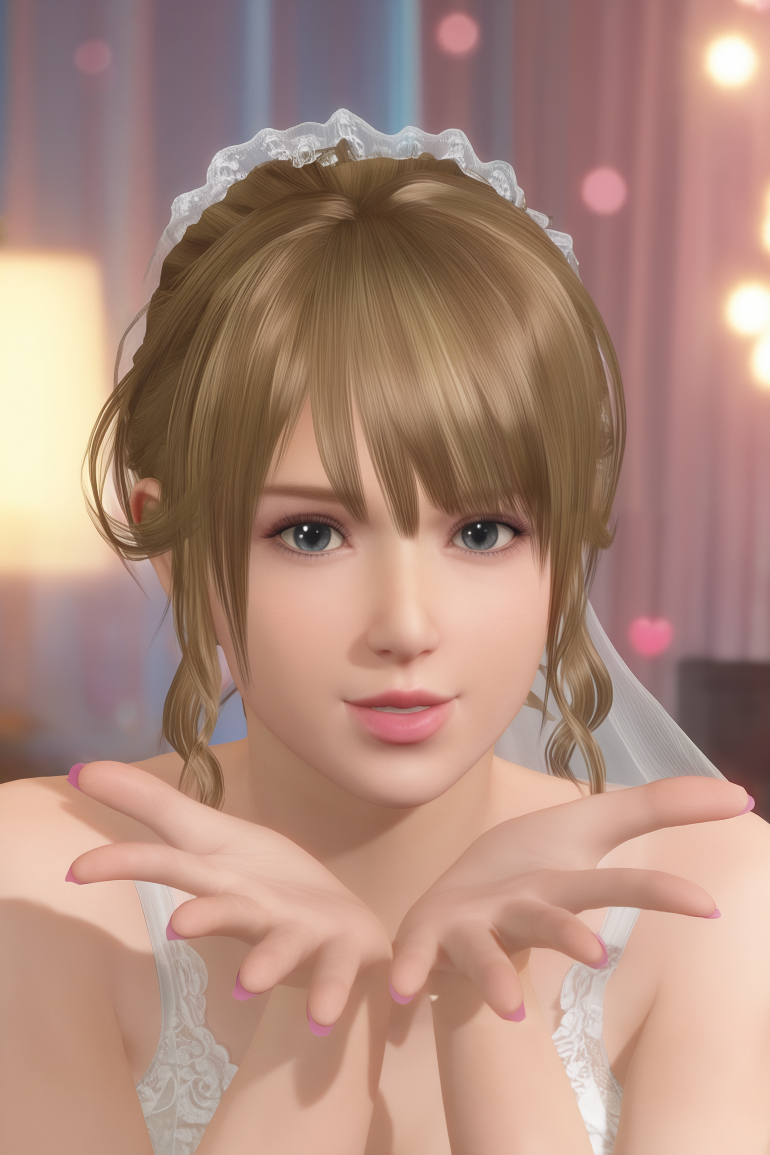 score_9,score_8,score_7_up,best quality,high detailed,realistic,  monica \(doaxvv\), 1girl, solo,grey eyes, blonde hair, swept bangs, wavy ponytail, wavy sidelocks, ((monica blowing kiss)), hands up, spread fingers, looking at viewer, parted lips, teeth, grey eyes, pink lips, fingers,upper body,from side,foreshortening,   flowing white wedding dress, delicate lace details, sheer veil fluttering, natural makeup with rosy lips,  warm golden-hour sunlight,dreamy bokeh in the background,            <lora:doa_monica_pdxl_v11:0.8500000000000002>