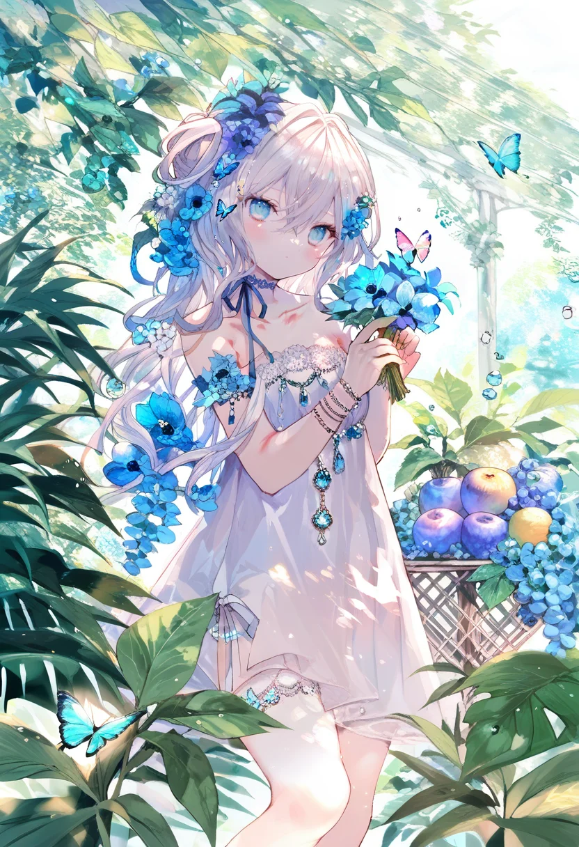 score_9, score_8_up, score_7_up, score_6_up, <lora:oninekoXL_TPN55_lokr_V43P1:0.95> 1girl, flower, solo, bug, hair ornament, dress, butterfly, blue eyes, hair flower, long hair, looking at viewer, white dress, holding, bare shoulders, hair between eyes, blue flower, fruit, white hair, strapless, strapless dress, water drop, food, standing, collarbone, blush, blue butterfly, closed mouth, choker, ribbon, jewelry, leaf, bridal garter, feet out of frame, plant, blue ribbon, sleeveless dress, holding flower, bracelet, sleeveless