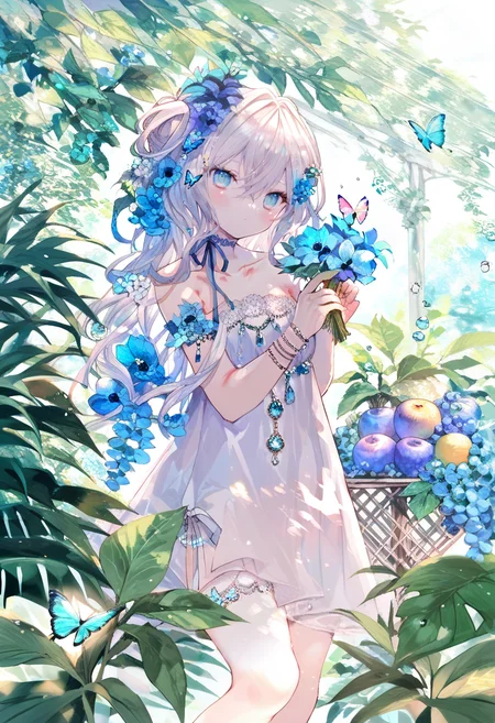 score_9, score_8_up, score_7_up, score_6_up, <lora:oninekoXL_TPN55_lokr_V43P1:0.95> 1girl, flower, solo, bug, hair ornament, dress, butterfly, blue eyes, hair flower, long hair, looking at viewer, white dress, holding, bare shoulders, hair between eyes, blue flower, fruit, white hair, strapless, strapless dress, water drop, food, standing, collarbone, blush, blue butterfly, closed mouth, choker, ribbon, jewelry, leaf, bridal garter, feet out of frame, plant, blue ribbon, sleeveless dress, holding flower, bracelet, sleeveless