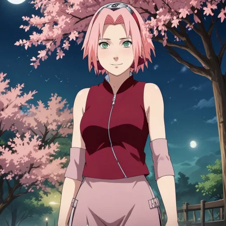 Rating:Safe , A hot and naughty image of Sakura Haruno standing near moon-lit cherry blossom tree , naughty teasing smile , forehead mark and green eyes , looking at viewer