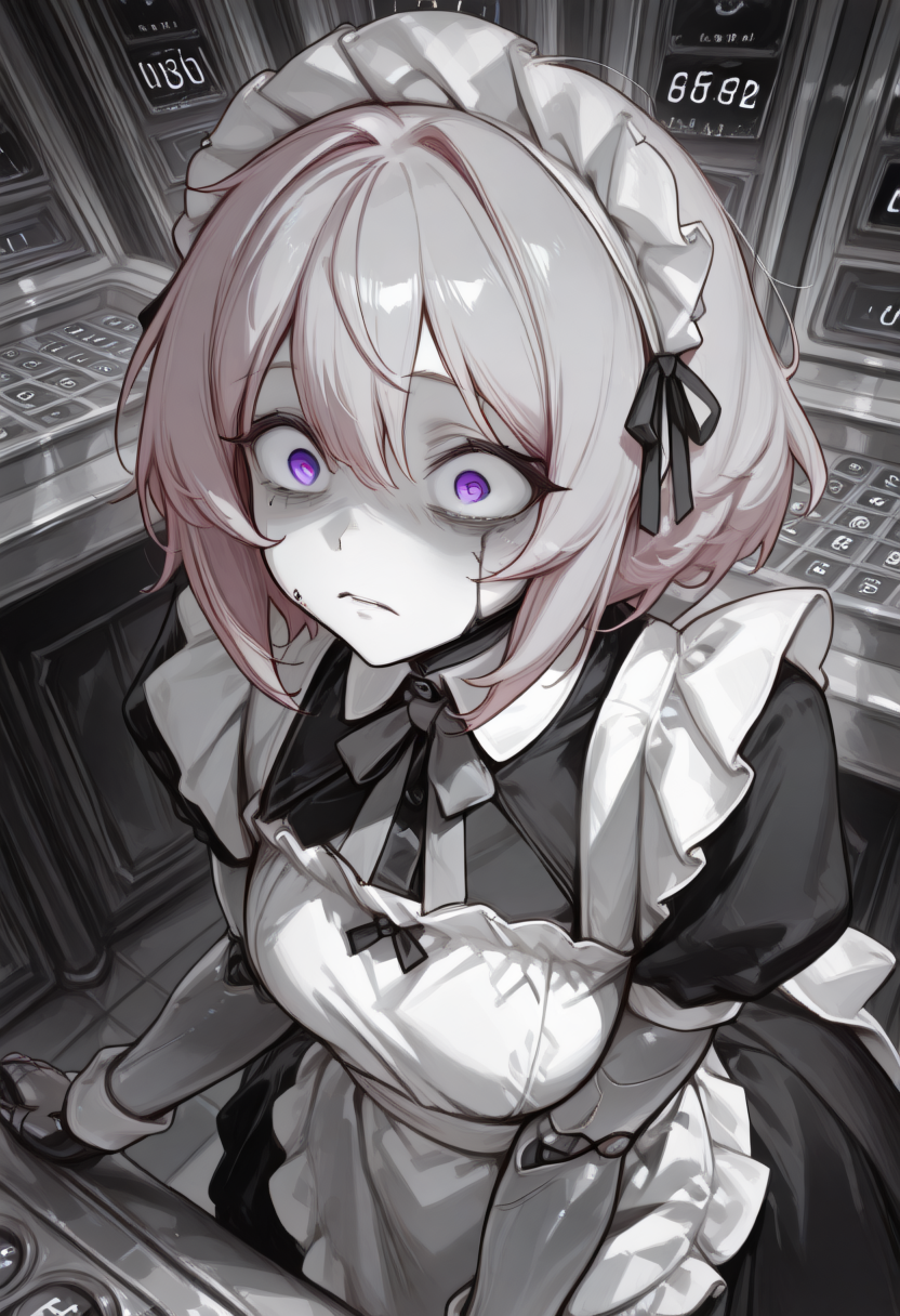 masterpiece,best quality,amazing quality,very aesthetic,absurdres,ultra detailed face,ultra detailed eyes,   <lora:lerapi_ill:1>, <lora:MoriiMee_Gothic_Niji_Style_Illustrious_r1:1>, lerapi, artist:moriimee ,  (pencil_sketch_anime), monochrome, black_and_white, , sad expression , <lora:CivChan:1> , 1girl, CivChan, pink hair, purple eyes, maid, maid headdress, apron, dress, maid apron, short hair, black dress, broken, blood, messy hair, crazy eyes, white apron, android, manic, black dress , cryptocurrency casino, digital gambling palace, NFT betting tables, blockchain lottery, crypto slot machines, digital roulette, token trading frenzy, wealth fluctuation spectacle, high-risk investment atmosphere
