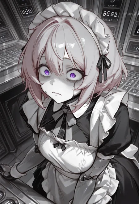 masterpiece,best quality,amazing quality,very aesthetic,absurdres,ultra detailed face,ultra detailed eyes, <lora:lerapi_ill:1>, <lora:MoriiMee_Gothic_Niji_Style_Illustrious_r1:1>, lerapi, artist:moriimee , (pencil_sketch_anime), monochrome, black_and_white, , sad expression , <lora:CivChan:1> , 1girl, CivChan, pink hair, purple eyes, maid, maid headdress, apron, dress, maid apron, short hair, black dress, broken, blood, messy hair, crazy eyes, white apron, android, manic, black dress , cryptocurrency casino, digital gambling palace, NFT betting tables, blockchain lottery, crypto slot machines, digital roulette, token trading frenzy, wealth fluctuation spectacle, high-risk investment atmosphere