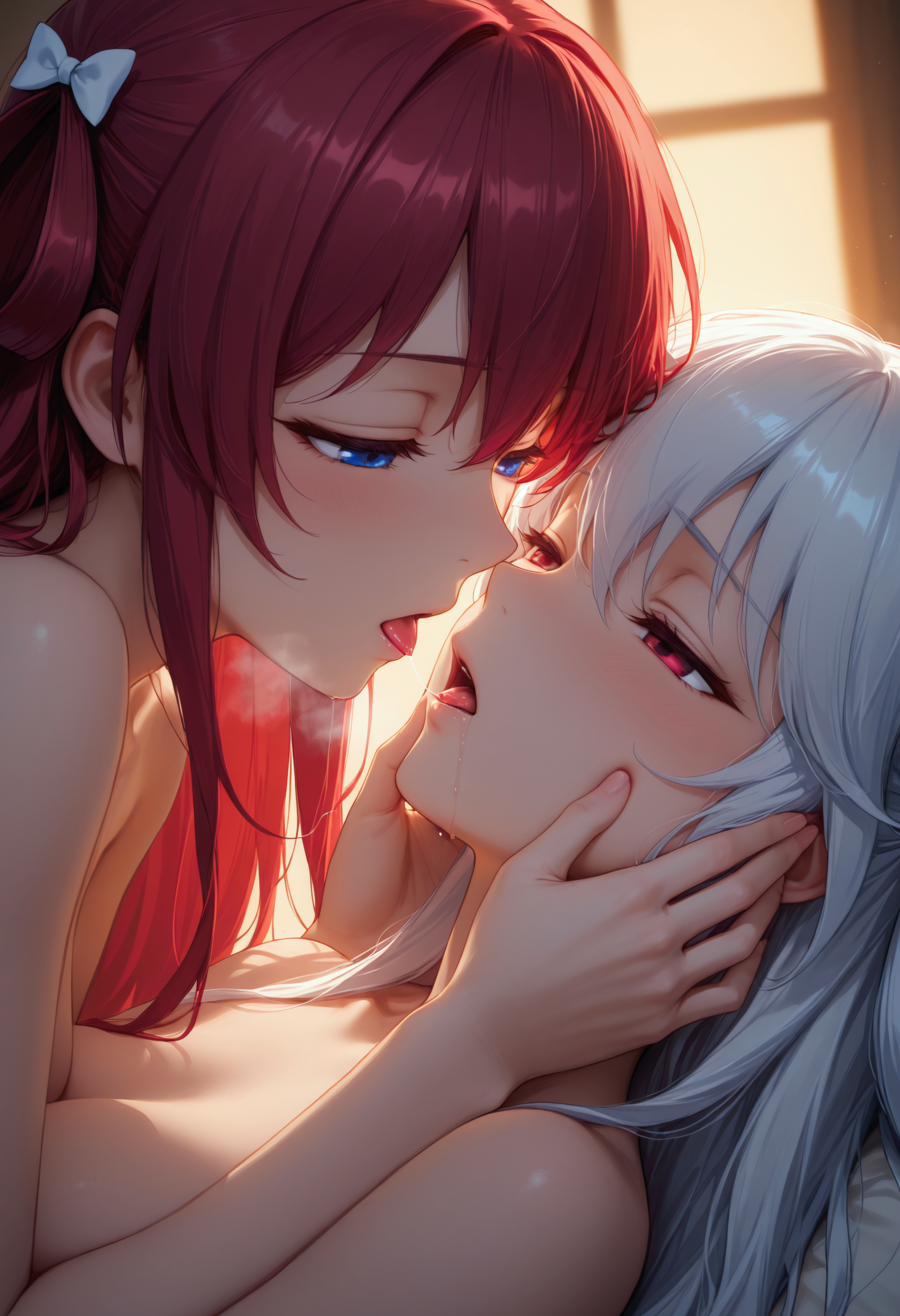 2girls, 
lying, nude, imminent kiss, close-up, saliva trail, half-closed eyes, heavy breathing, backlighting, hand on another's face,
<lora:Char_SuouAmane:1>, red hair, long hair, blue eyes, two side up, hair bow, hair rings, white bow,
 <lora:Char_KazamiKazuki:1>, red eyes, white hair, long hair,
very awa, masterpiece, best quality, highres, absurdres