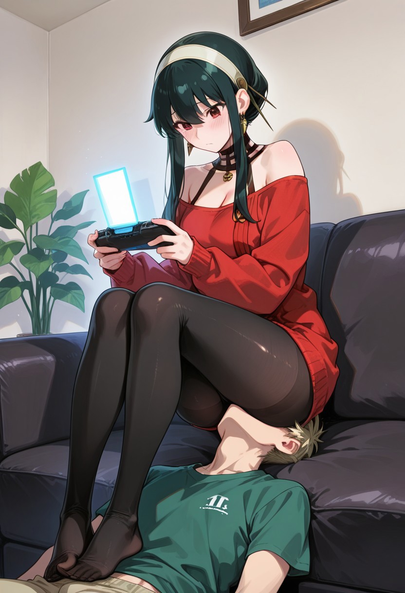 absurdres, masterpiece, best quality, very aesthetic, anime, HDR, 8K, ultra-detailed, 748cmstyle, Human_Couch, sitting on face, ass on face, feet on crotch, staff pose, human furniture, femdom, hetero, inside, forced facesitting, ass smothering, she ignore him, very wide shot,
1girl (yor_briar, black_pantyhose, red_sweater, white_hairband, cleavage, skindentation, shiny skin, (skinny), tall female, dominant female, playing a video game, sits on sofa with straight legs, leg-out sits),
BREAK
1boy (submissive boy, faceless boy, petite boy, black hair, short hair)