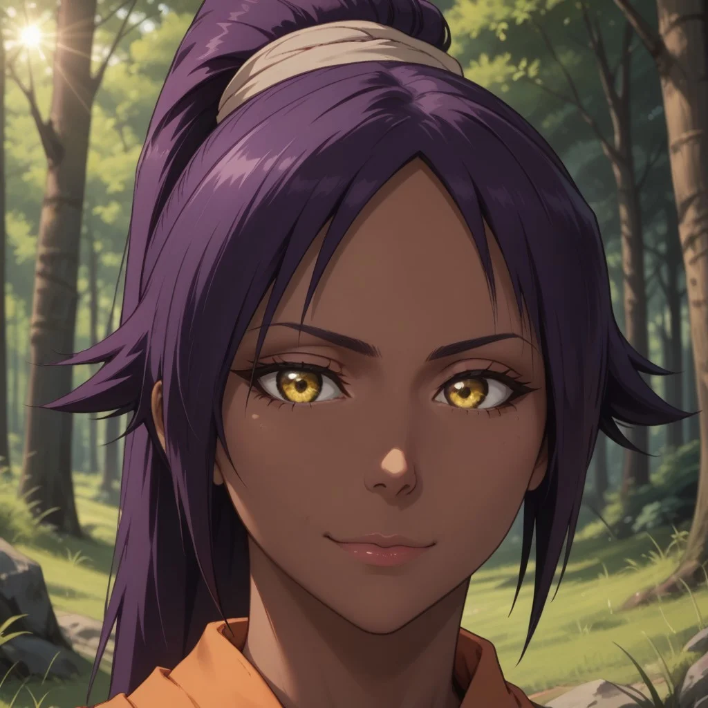 score_9, score_8, BREAK, solo, Shihouin_Yoruichi_(Bleach), 1girl, golden eyes, long hair, purple hair, bangs, ponytail, black leotard, black thighhighs, big breasts, dark skin, dark skin female, self portrait, smile, looking at viewer, outdoors, sunlight, shadows, evening lighting, natural lighting, forest, trees, grass, orange sky, sunset