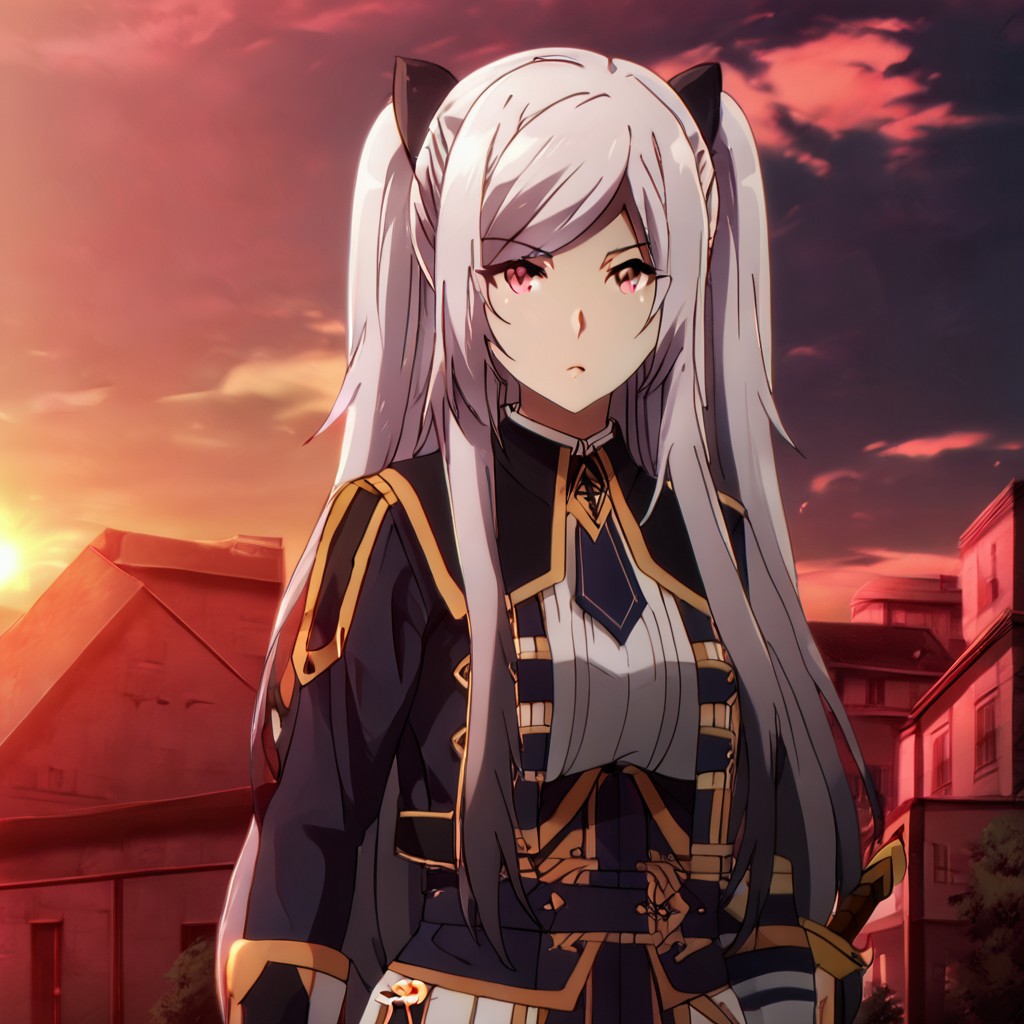 Black hair ribbon, gray hair, long hair, twintails, red eyes, large breasts, two side up, single hair bun, ponytail, wearing a shiny silver knight's armor with intricate engravings, holding a sword, standing on a battlefield at sunset, dark clouds in the sky, dramatic and intense atmosphere