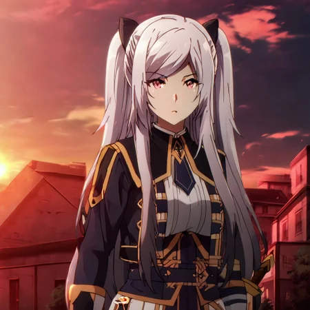 Black hair ribbon, gray hair, long hair, twintails, red eyes, large breasts, two side up, single hair bun, ponytail, wearing a shiny silver knight's armor with intricate engravings, holding a sword, standing on a battlefield at sunset, dark clouds in the sky, dramatic and intense atmosphere