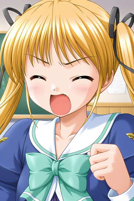 masterpiece, best quality, absurdres, official art, official style, rating generael BREAK <lora:shibugakimatsuri_IL_v1-3:0.7>, shibugaki matsuri, 1girl, solo, blonde hair, blue eyes, very long hair, bangs, twintails, hair ribbon, black ribbon, small breasts, winter uniform, school uniform, blue jacket, juliet sleeves, emblem, green ribbon, arm ribbon, white sailor collar, collarbone, green bowtie, white shirt, purple vest, upper body, portrait, close-up, indoors, classroom,
blush, :o, ^ ^, closed eyes, facing viewer, open mouth, parody, shouting, v-shaped eyebrows