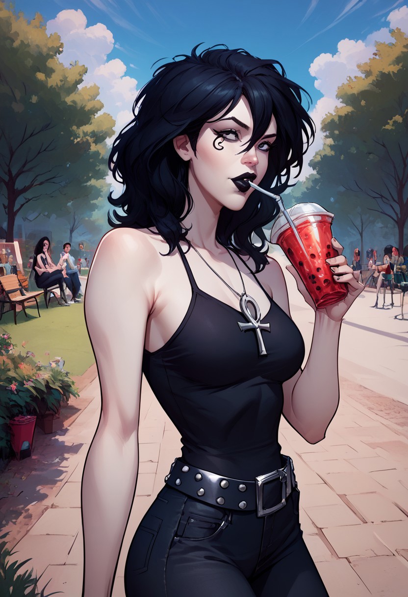 score_9, score_8_up, score_7_up, dc comics sandman death, 1girl, black hair, medium hair, hair between eyes, black eyes, pale skin, medium breasts, facial mark, ankh necklace, black top, bare shoulders, black pants, denim, studded belt, black lips
drinking smoothie, straw, public park, nature, seductive, blue sky