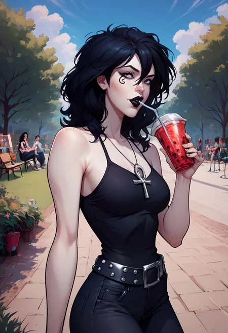 score_9, score_8_up, score_7_up, dc comics sandman death, 1girl, black hair, medium hair, hair between eyes, black eyes, pale skin, medium breasts, facial mark, ankh necklace, black top, bare shoulders, black pants, denim, studded belt, black lips
drinking smoothie, straw, public park, nature, seductive, blue sky
