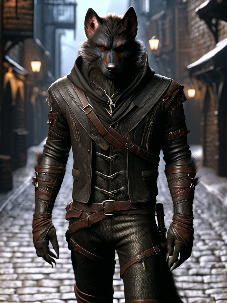 worgen, male worgen, assassin worgen, assassin clothing, in a leather outfit, in medieval street<lora:wowrgen-sdxl:1>