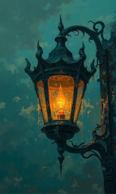 A dark, ornate streetlamp casts an amber glow against a moody, overcast sky. 
The lamp is a rich, dark gray or black metal, detailed with intricate carvings and pointed finials.  Water or melted material seems to drip down the lamp's exterior, adding a sense of age and weathering.  The lantern's glass is illuminated with an orange-yellow flame, casting a warm light outward.
The sky is a muted teal-gray, suggesting a twilight or rainy atmosphere.  Wisps of mist or fog are visible, adding to the mysterious ambiance.  The background is softly blurred, drawing attention to the lamp as the focal point. The metalwork of the lamppost's bracket is heavily detailed,  adding to the object's intricate design., <lora:FLUX-daubrez-DB4RZ-v2:1> DB4RZ, DB4RZ style painting
