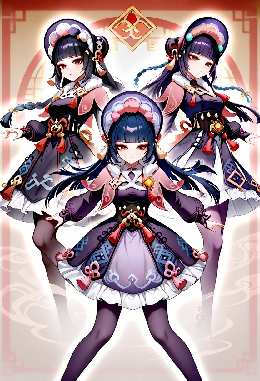 GSYunJin, long hair, breasts, black hair, hair ornament, red eyes, medium breasts, blue hair, braid, purple hair, multicolored hair, blunt bangs, twin braids, makeup, tassel, eyeshadow, hime cut, red eyeshadow,
long sleeves, dress, hat, pantyhose, frills, puffy sleeves, black dress, black pantyhose, fur trim, black headwear, capelet, frilled dress, multicolored clothes, puffy long sleeves, purple dress, pom pom (clothes), corset, fur collar, vision (genshin impact), purple headwear, bonnet, flower knot, purple pantyhose, black corset, pink capelet, multicolored headwear,
dynamic pose,