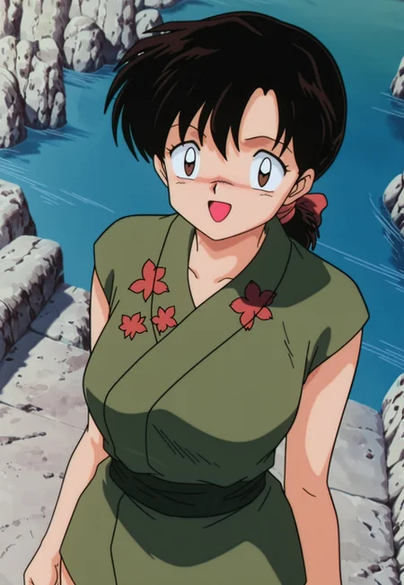 masterpiece, best quality, amazing quality, amazing quality,very aesthetic,absurdres,best quality,newest,masterpiece, breasts, anime screencap, anime artstyle, happy, breasts, anime screencap, anime coloring,safe_pos, safe_pos, score_9, score_8_up, score_7_up,dynamic angle, looking at viewer, inuyasha, nazuna,black hair, ponytail, brown eyes, ribbon, retro artstyle, japanese clothes, kimono,